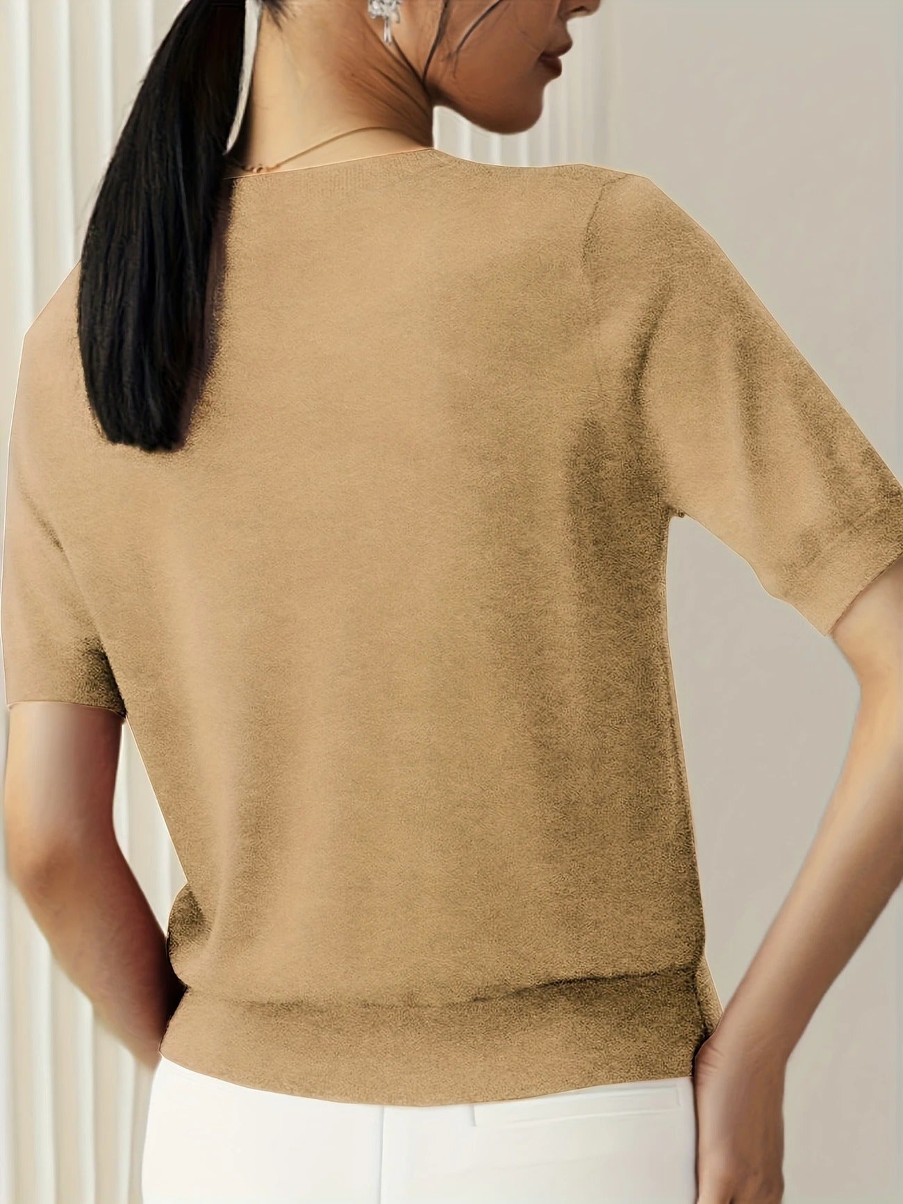 Crew Neck Ribbed Hem Short Sleeve Knit Tee
