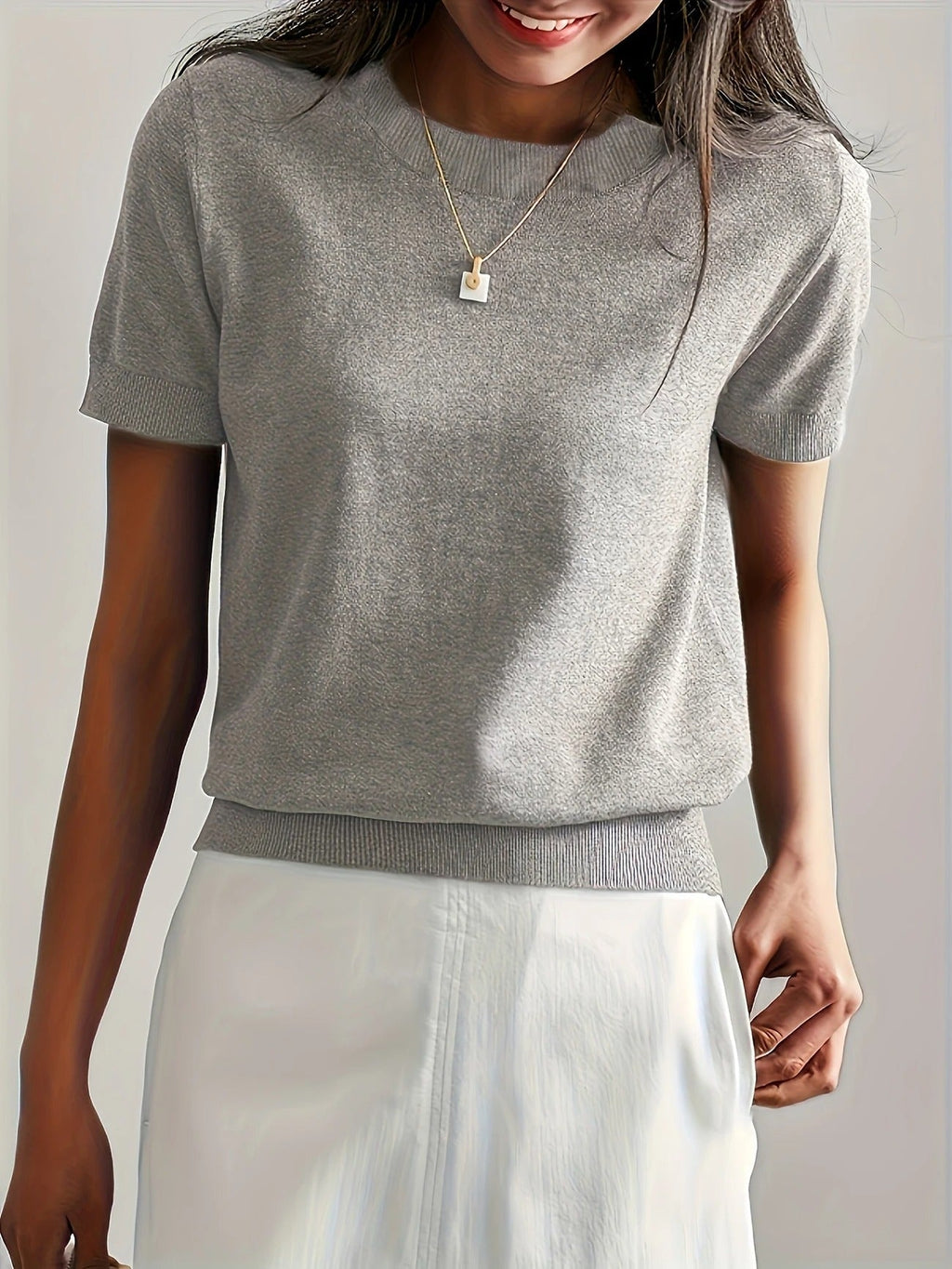 Crew Neck Ribbed Hem Short Sleeve Knit Tee
