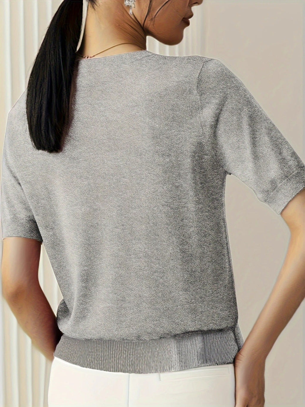 Crew Neck Ribbed Hem Short Sleeve Knit Tee