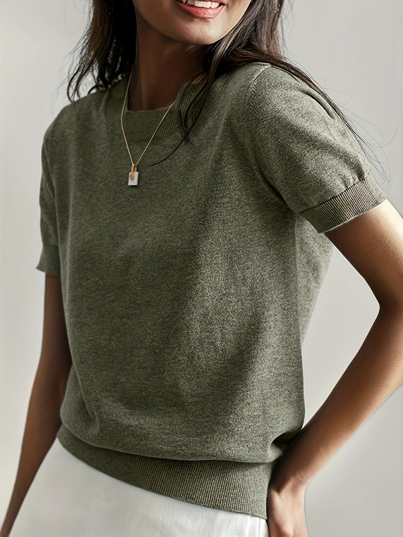 Crew Neck Ribbed Hem Short Sleeve Knit Tee