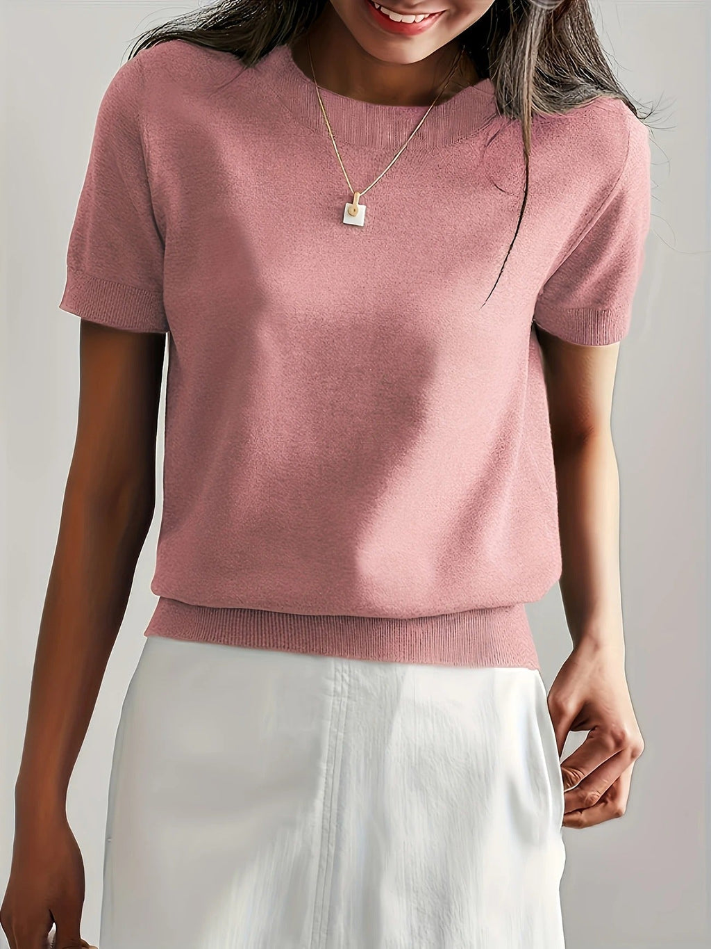 Crew Neck Ribbed Hem Short Sleeve Knit Tee