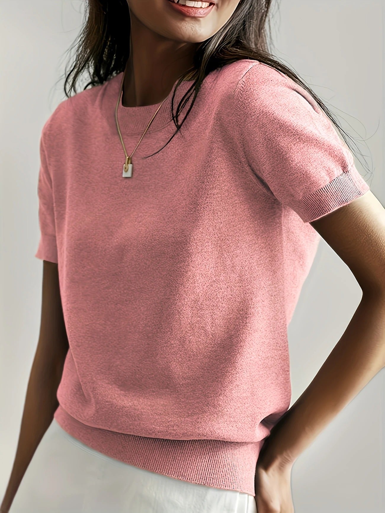 Crew Neck Ribbed Hem Short Sleeve Knit Tee