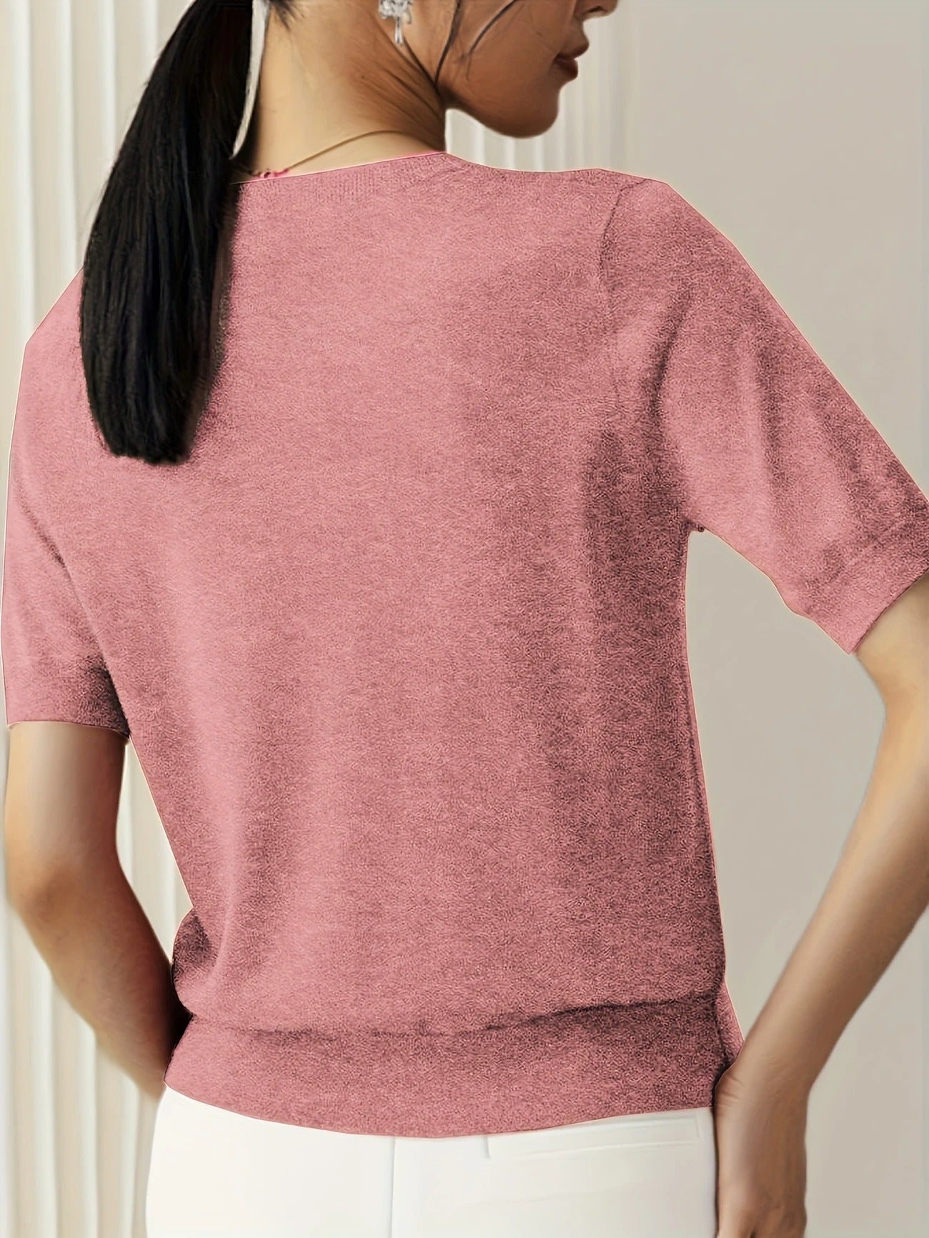 Crew Neck Ribbed Hem Short Sleeve Knit Tee