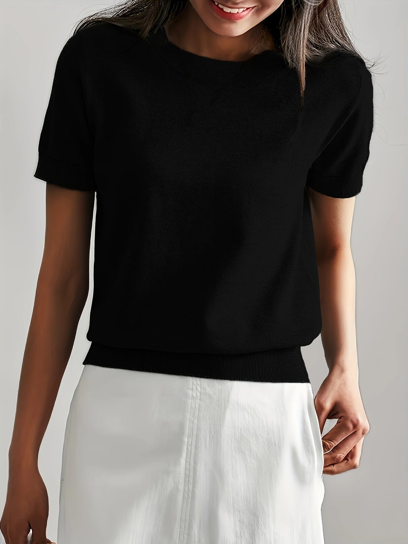 Crew Neck Ribbed Hem Short Sleeve Knit Tee