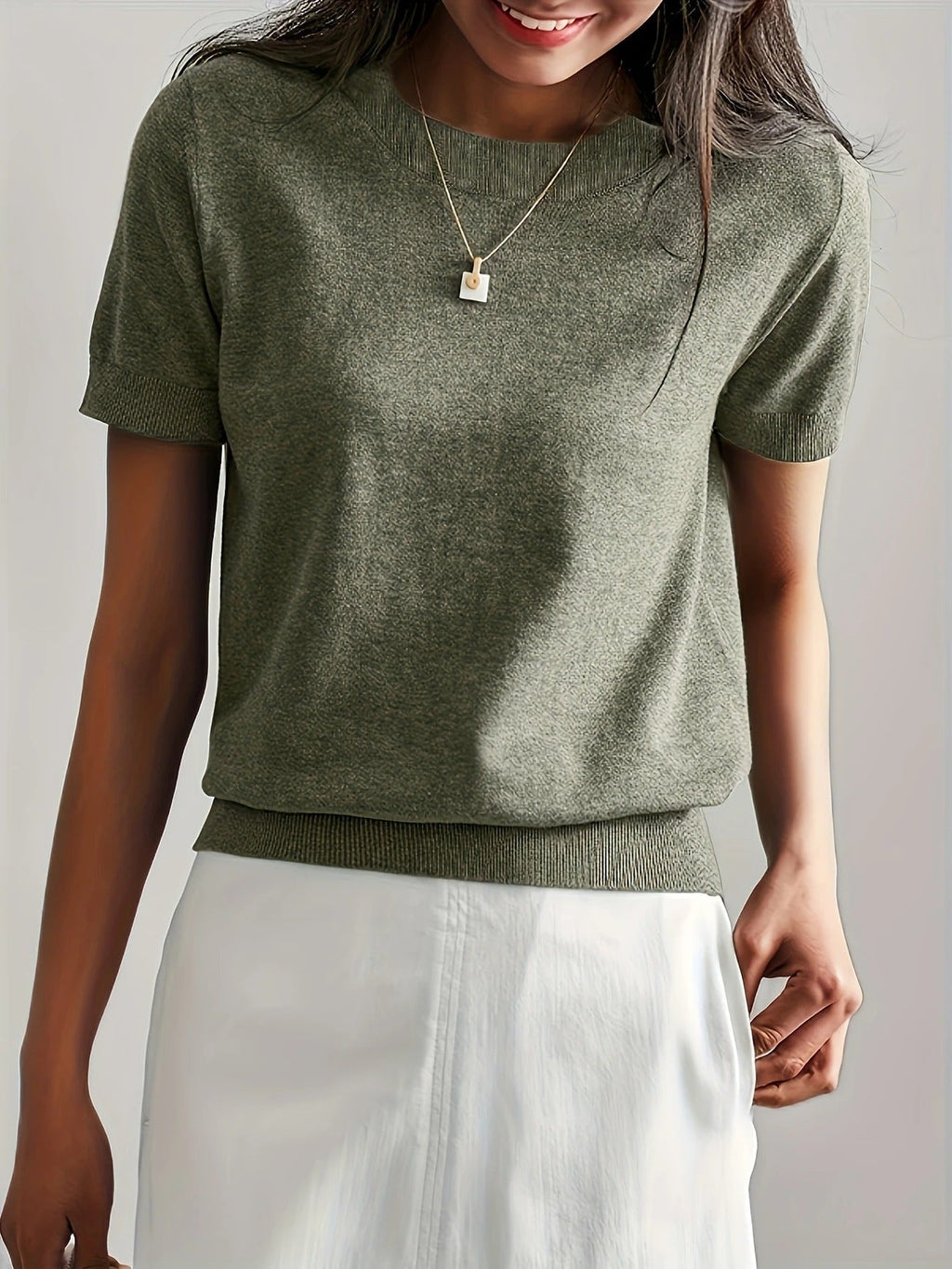 Crew Neck Ribbed Hem Short Sleeve Knit Tee