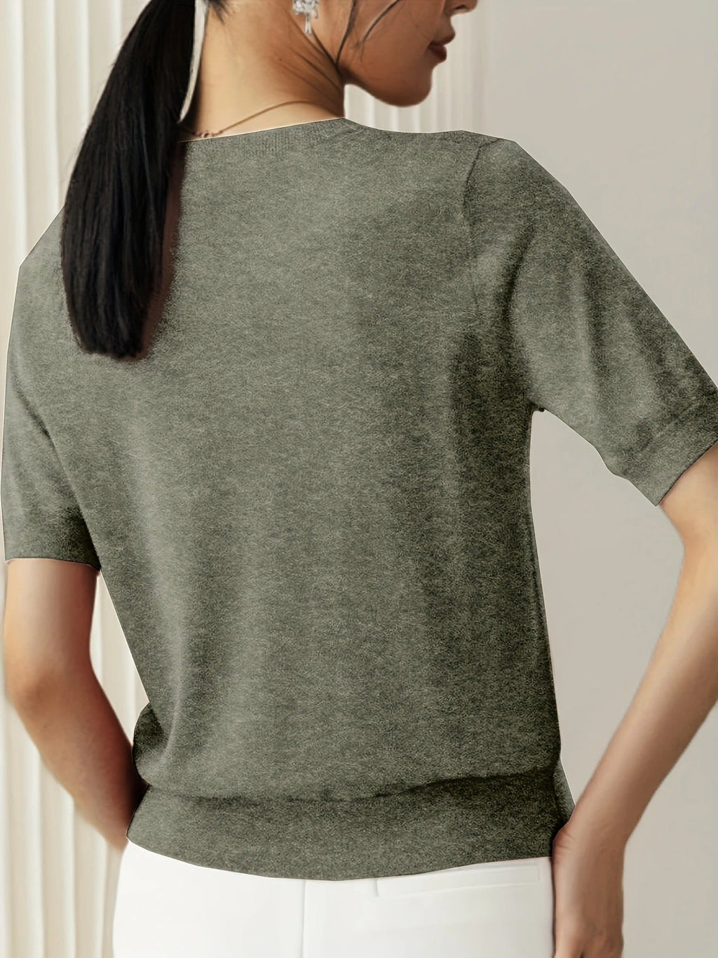 Crew Neck Ribbed Hem Short Sleeve Knit Tee