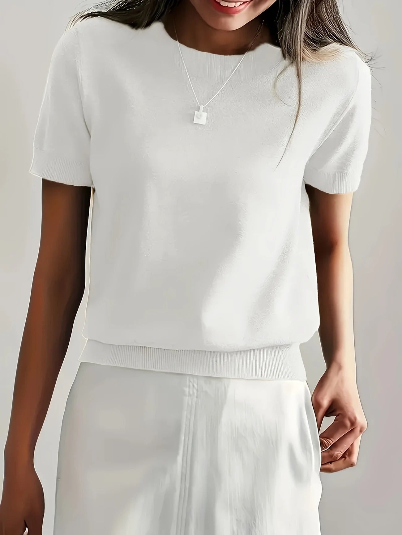 Crew Neck Ribbed Hem Short Sleeve Knit Tee