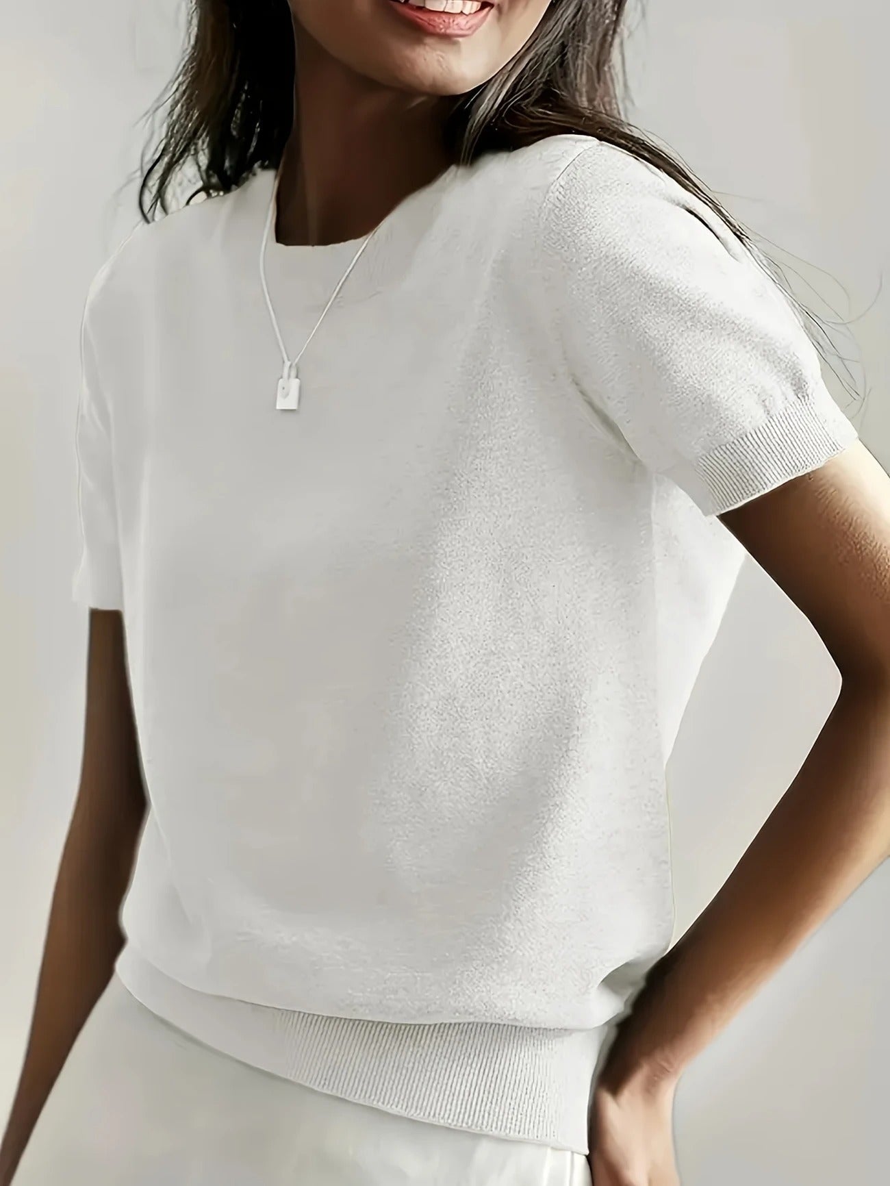 Crew Neck Ribbed Hem Short Sleeve Knit Tee