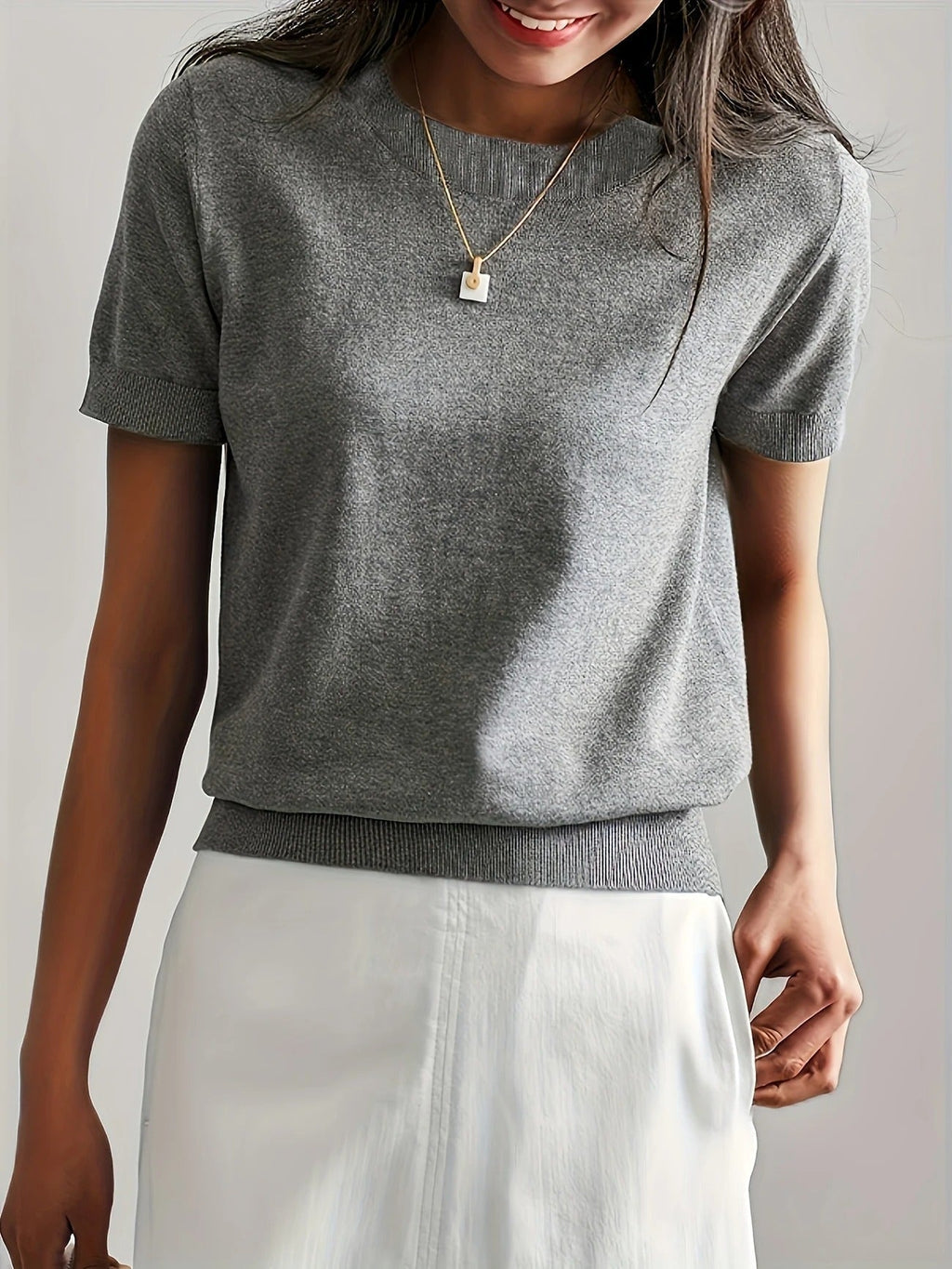 Crew Neck Ribbed Hem Short Sleeve Knit Tee