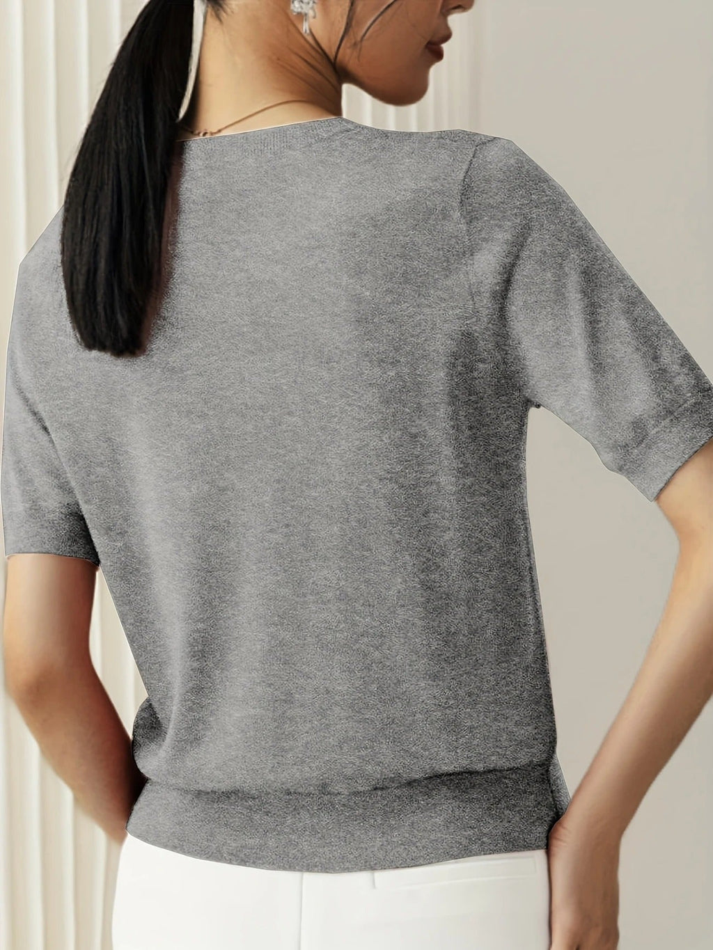 Crew Neck Ribbed Hem Short Sleeve Knit Tee