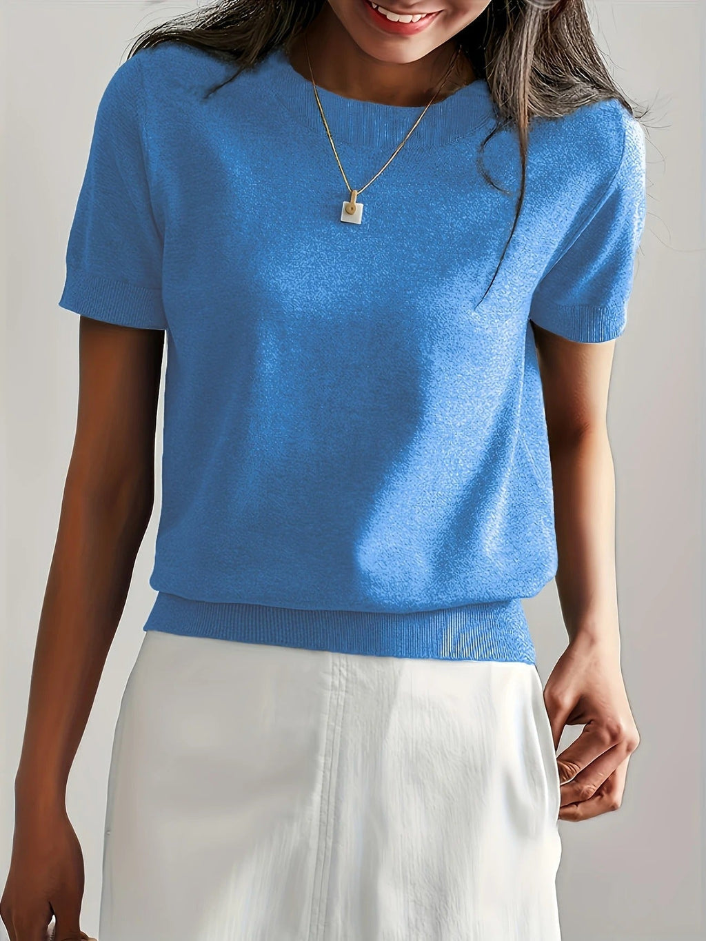 Crew Neck Ribbed Hem Short Sleeve Knit Tee