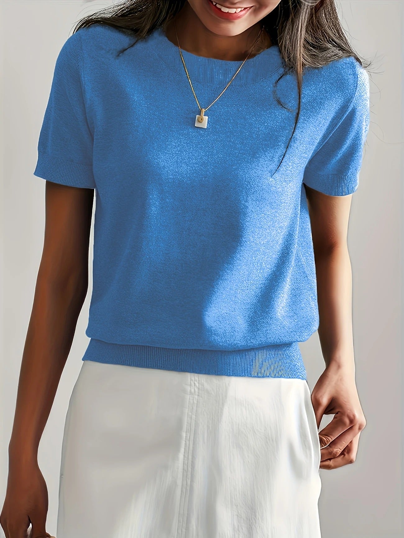 Crew Neck Ribbed Hem Short Sleeve Knit Tee