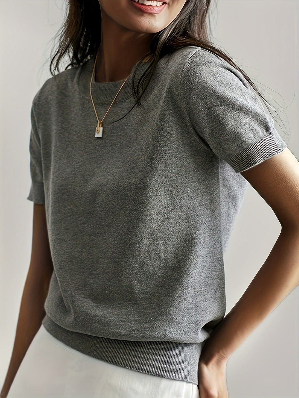 Crew Neck Ribbed Hem Short Sleeve Knit Tee