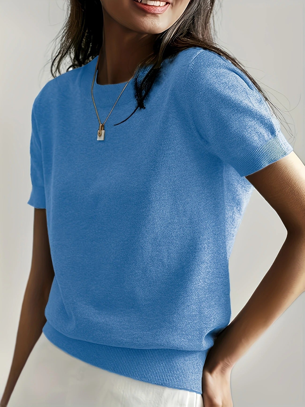 Crew Neck Ribbed Hem Short Sleeve Knit Tee