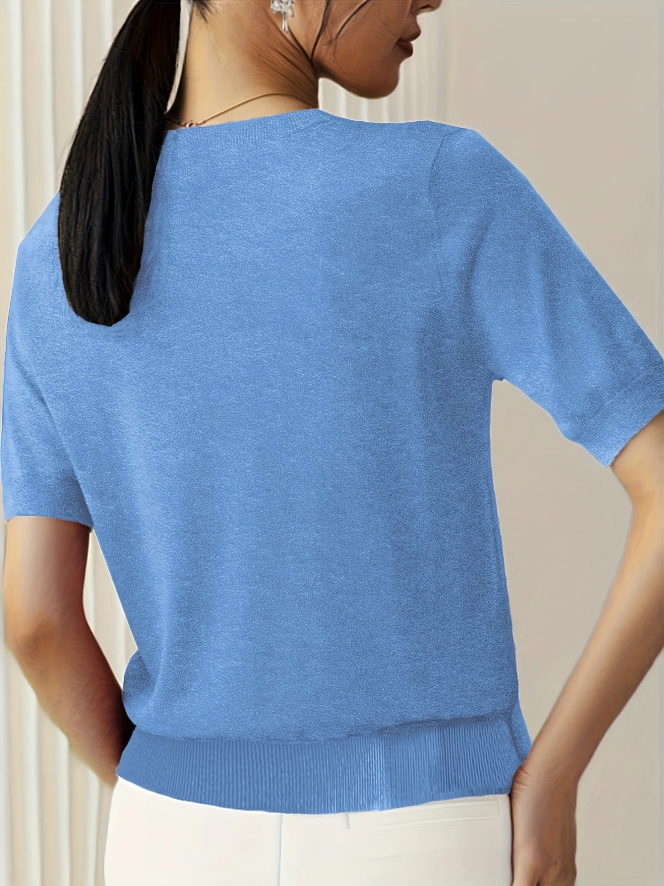 Crew Neck Ribbed Hem Short Sleeve Knit Tee