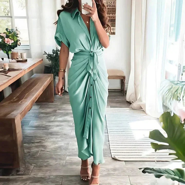 Ruched Tie Waist Button Front Collared Midi Dress