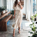 Ruched Tie Waist Button Front Collared Midi Dress