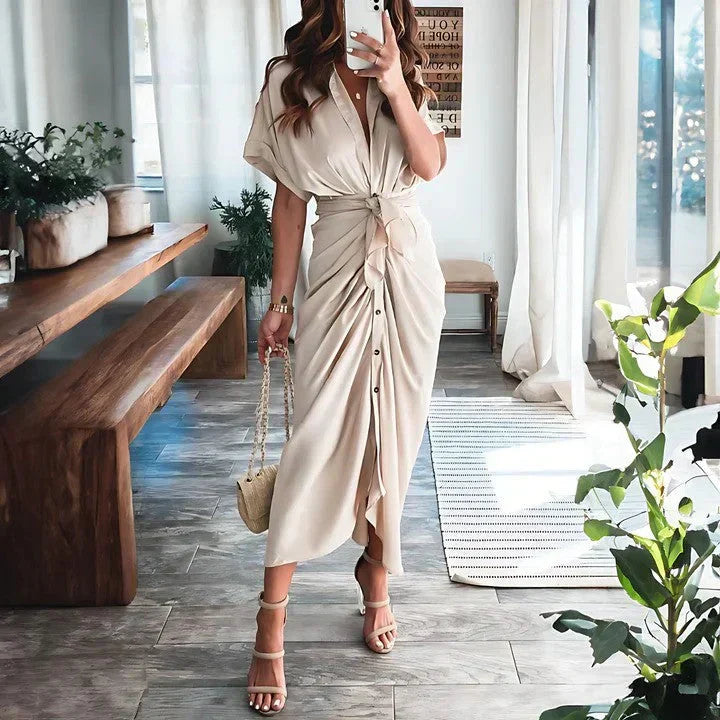 Ruched Tie Waist Button Front Collared Midi Dress