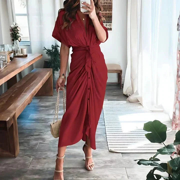 Ruched Tie Waist Button Front Collared Midi Dress