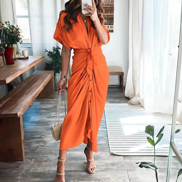 Ruched Tie Waist Button Front Collared Midi Dress