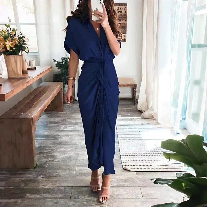 Ruched Tie Waist Button Front Collared Midi Dress