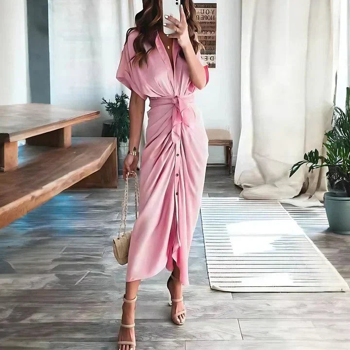 Ruched Tie Waist Button Front Collared Midi Dress