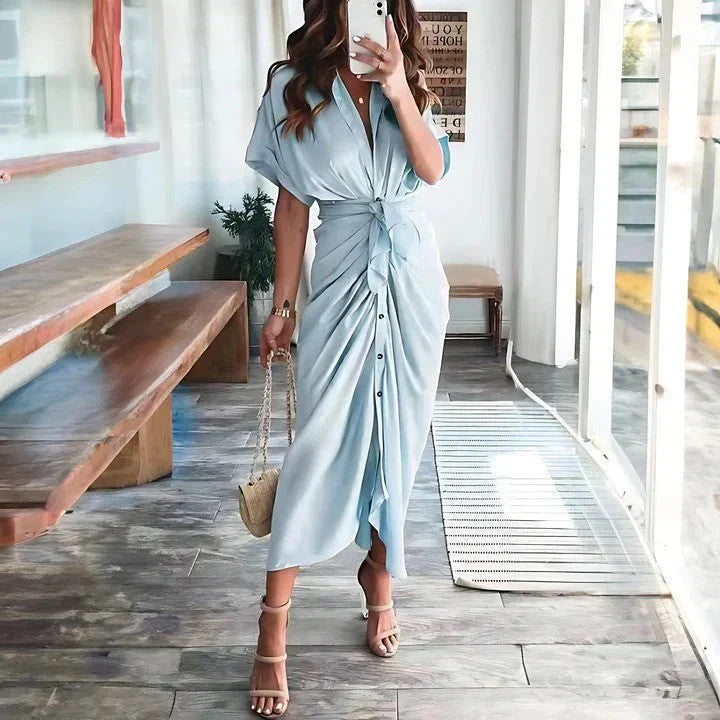 Ruched Tie Waist Button Front Collared Midi Dress