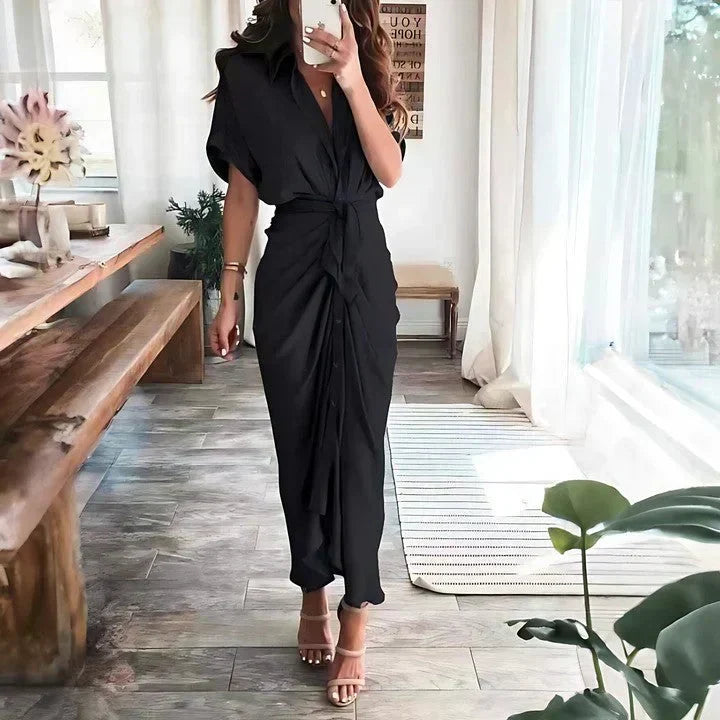 Ruched Tie Waist Button Front Collared Midi Dress