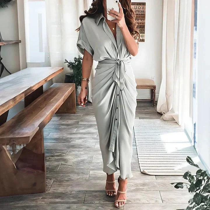 Ruched Tie Waist Button Front Collared Midi Dress