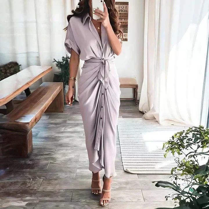 Ruched Tie Waist Button Front Collared Midi Dress
