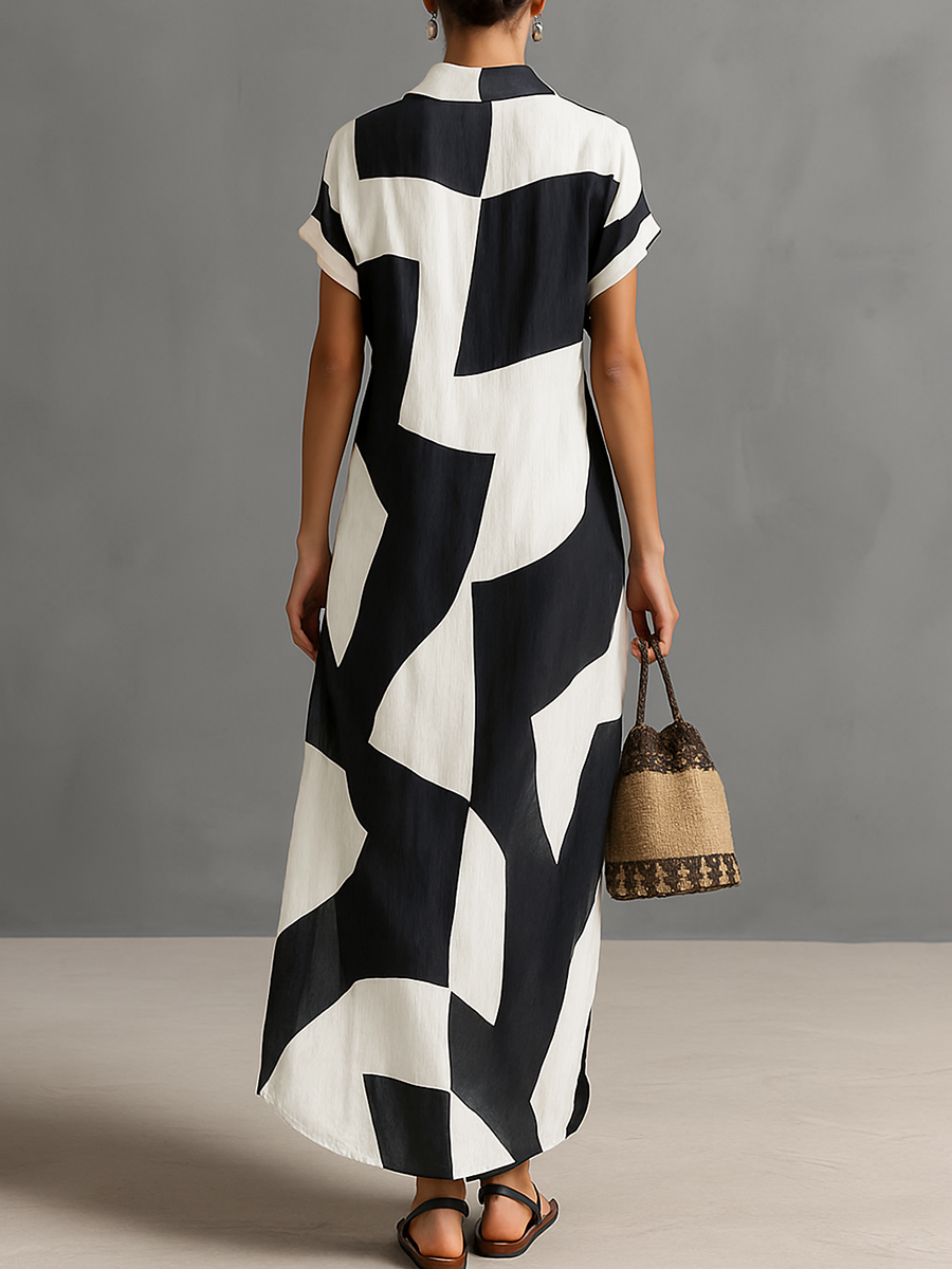 Geometric Print Button Down Short Sleeve Linen Maxi Dress