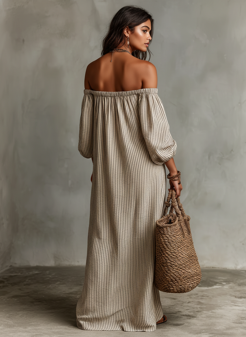 Striped Off Shoulder Puff Sleeve Casual Linen Maxi Dress