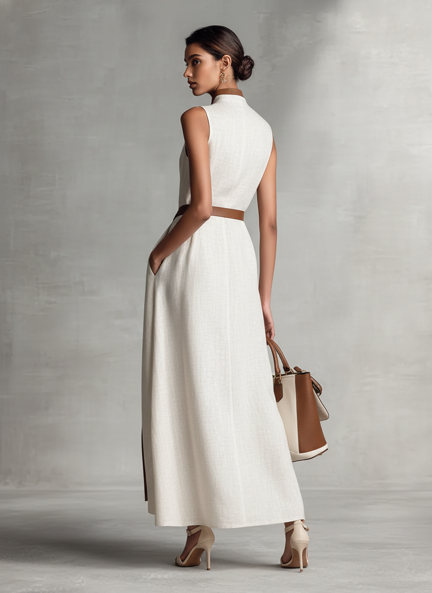 Contrast Trim V Neck Sleeveless A Line Linen Maxi Dress - Wedding Guest