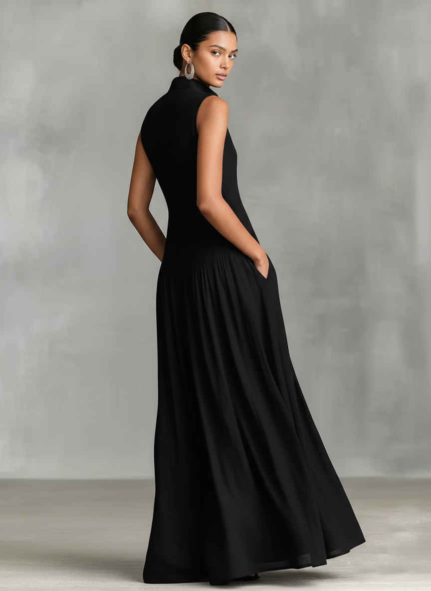 Button Placket Stand Collar Sleeveless Flowy Maxi Dress