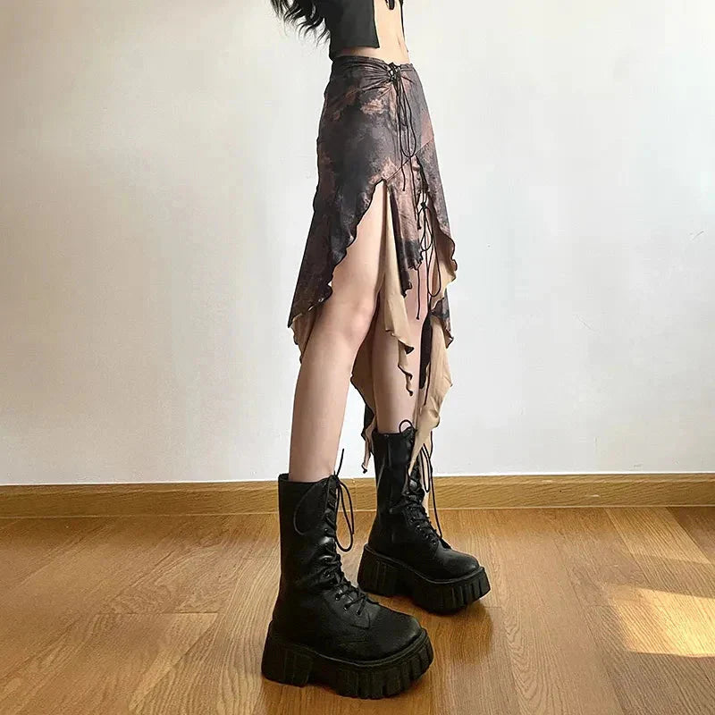 Y2K Irregular Midi Skirt Vintage Boho Ruffles Print Skirt