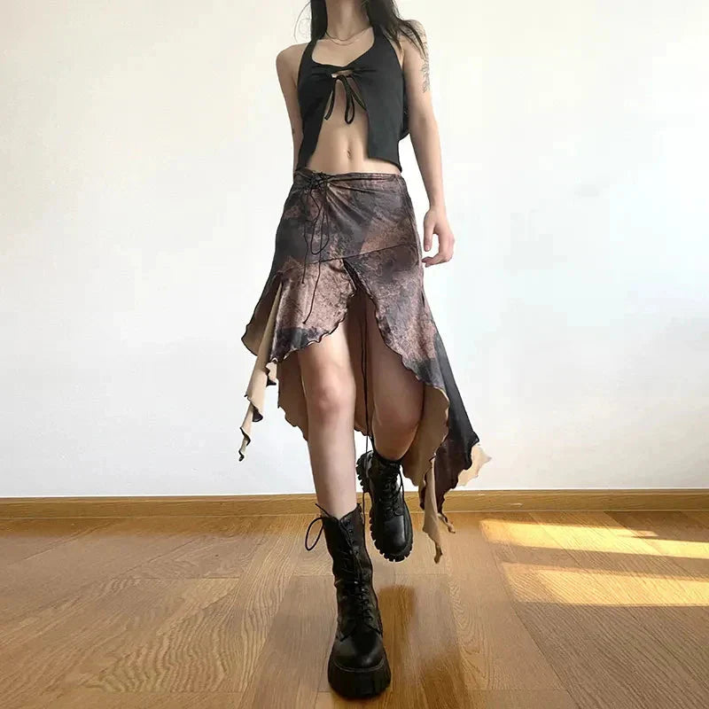 Y2K Irregular Midi Skirt Vintage Boho Ruffles Print Skirt