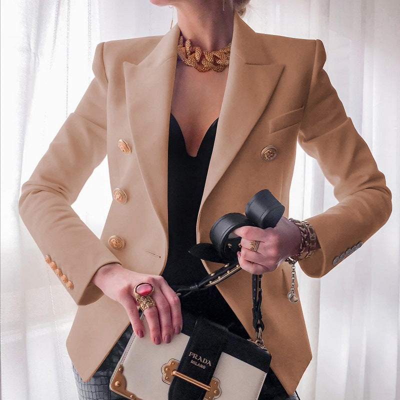 Gold Coin Button Double Breasted Peak Lapel Slim Fit Blazer
