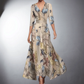 Floral Wrap V Neck Sash Tie Waist Three Quarter Sleeve Maxi Dress - Wedding Guest