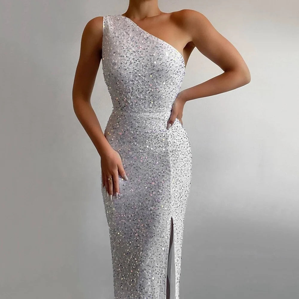 Woman wearing One-Shoulder Sequin Formal Gown from Hicosy — view 2