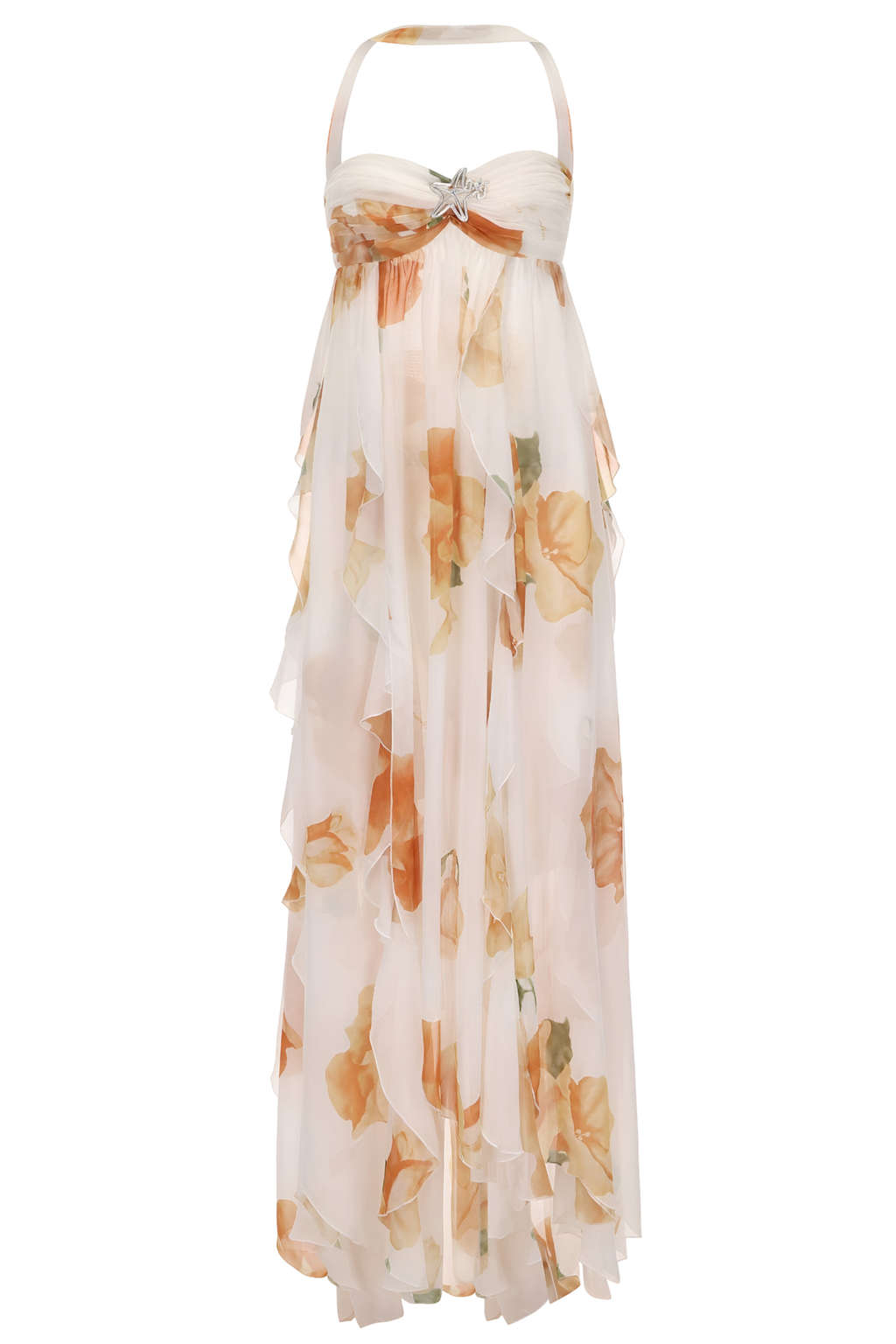 Floral Chiffon Halter Neck Ruched Bust Tiered Maxi Dress - Wedding Guest