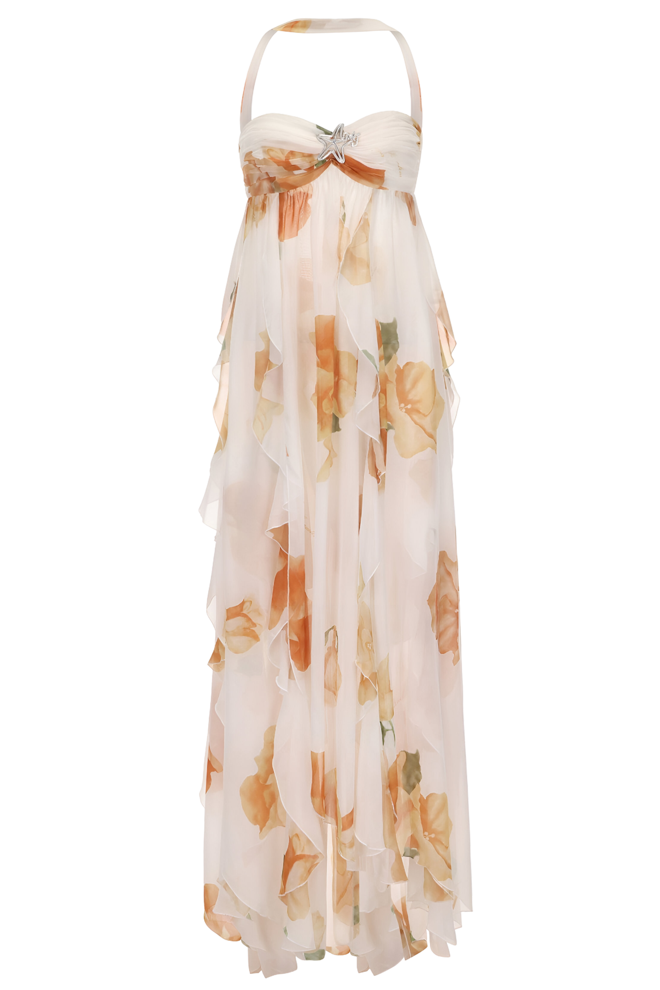 Floral Chiffon Halter Neck Ruched Bust Tiered Maxi Dress - Wedding Guest