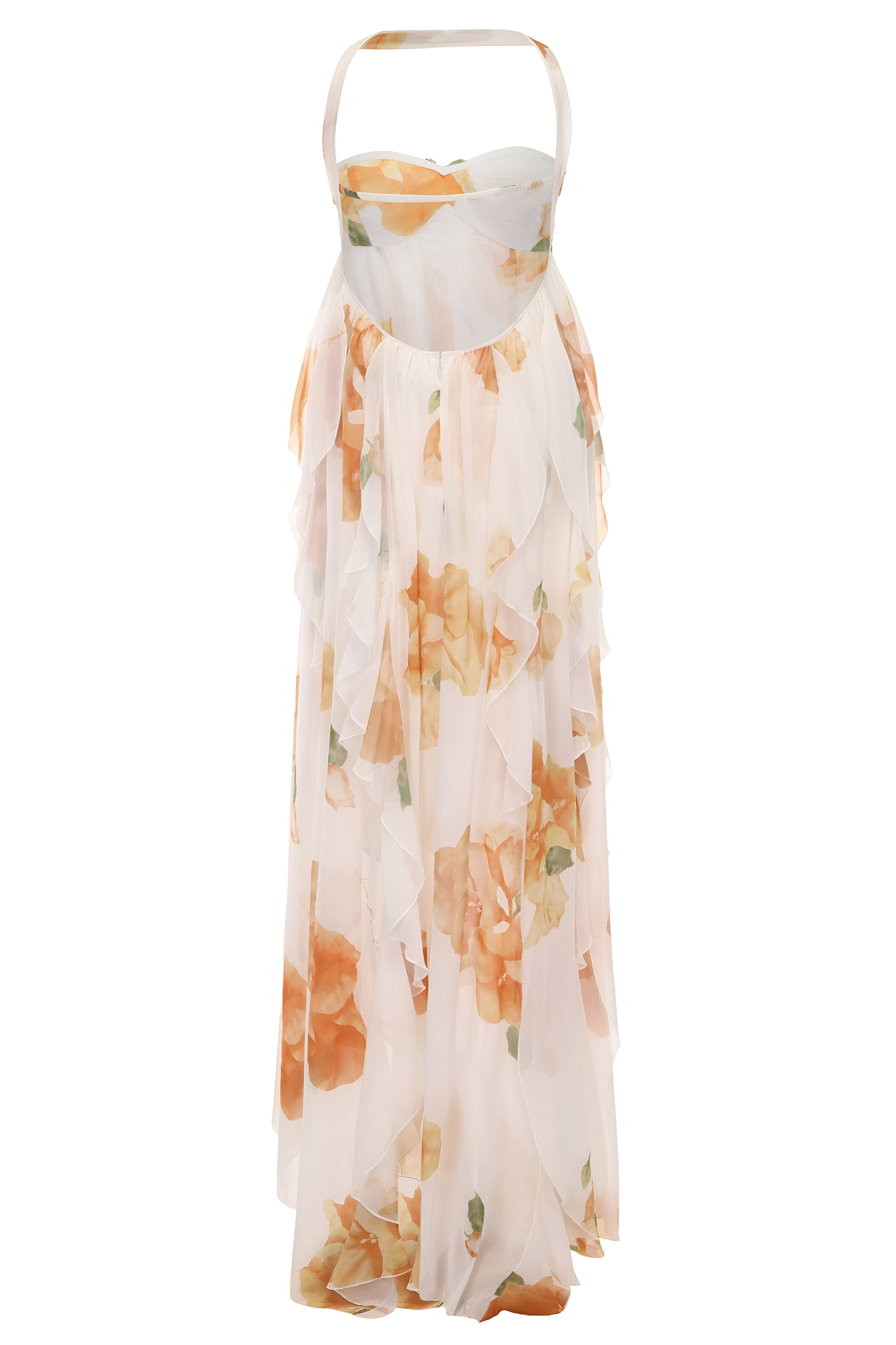 Floral Chiffon Halter Neck Ruched Bust Tiered Maxi Dress - Wedding Guest