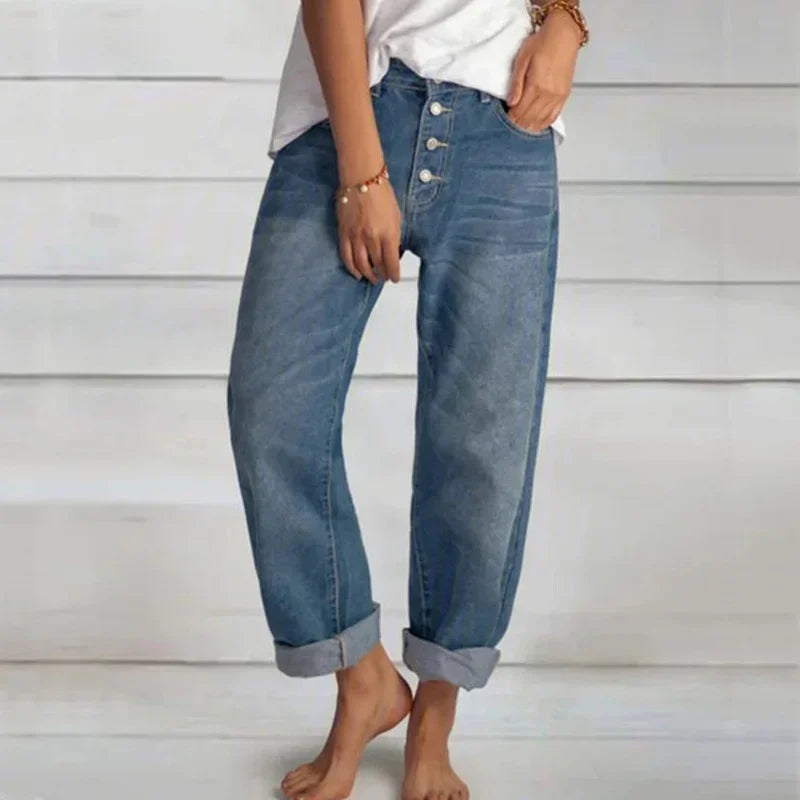 Button Fly High Waisted Relaxed Fit Straight Leg Jeans