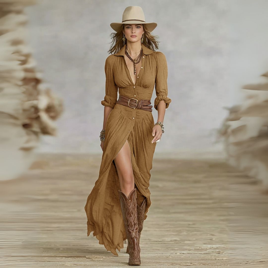 Ruched Boho Button Down Long Sleeve Flowy Maxi Dress