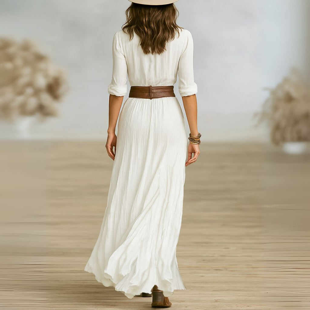 Ruched Boho Button Down Long Sleeve Flowy Maxi Dress