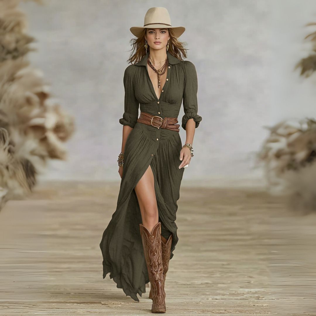 Ruched Boho Button Down Long Sleeve Flowy Maxi Dress