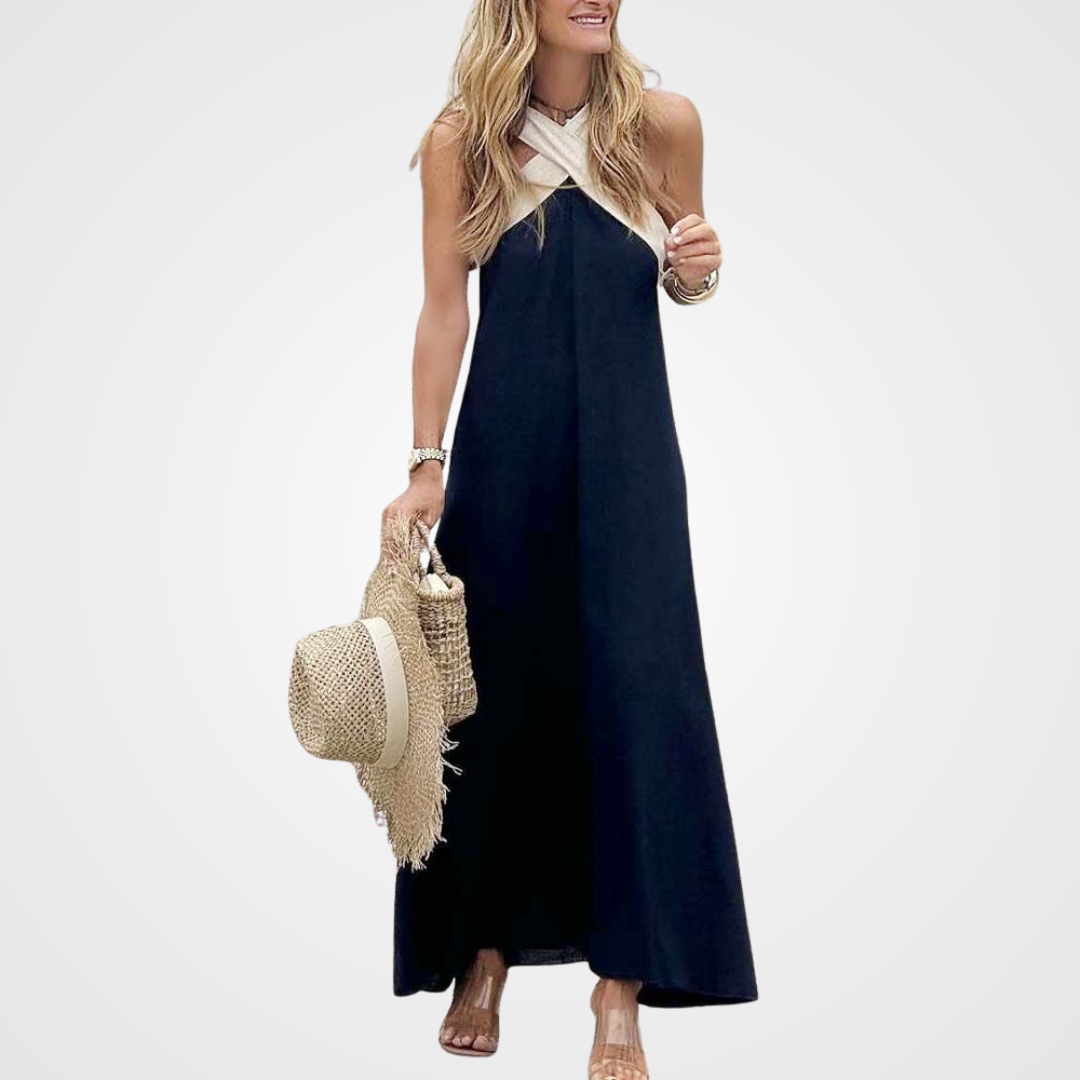 Colorblock Cross Halter Neck Sleeveless Flowy Maxi Dress