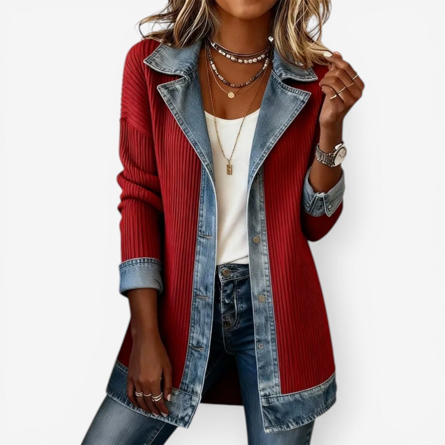 Colorblock Ribbed Denim Trim Jacket