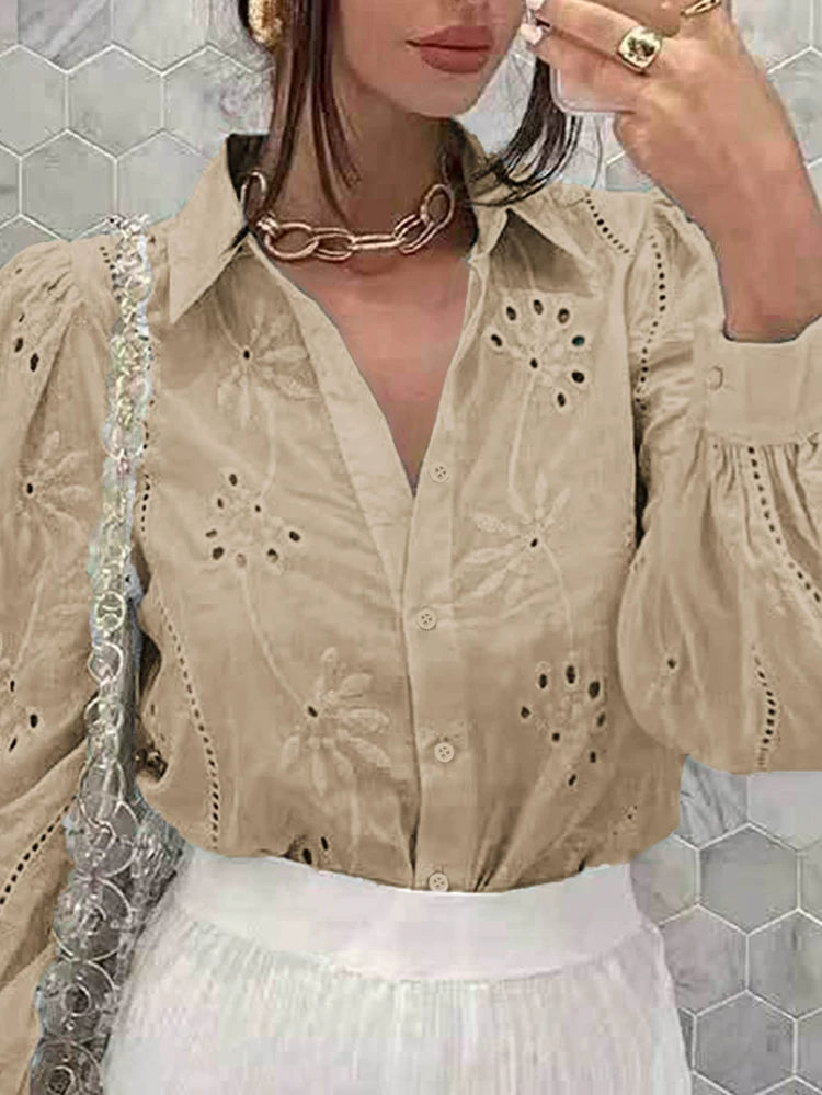 Antique Flower Stitching Hollow Out Puff Sleeve Boho Top