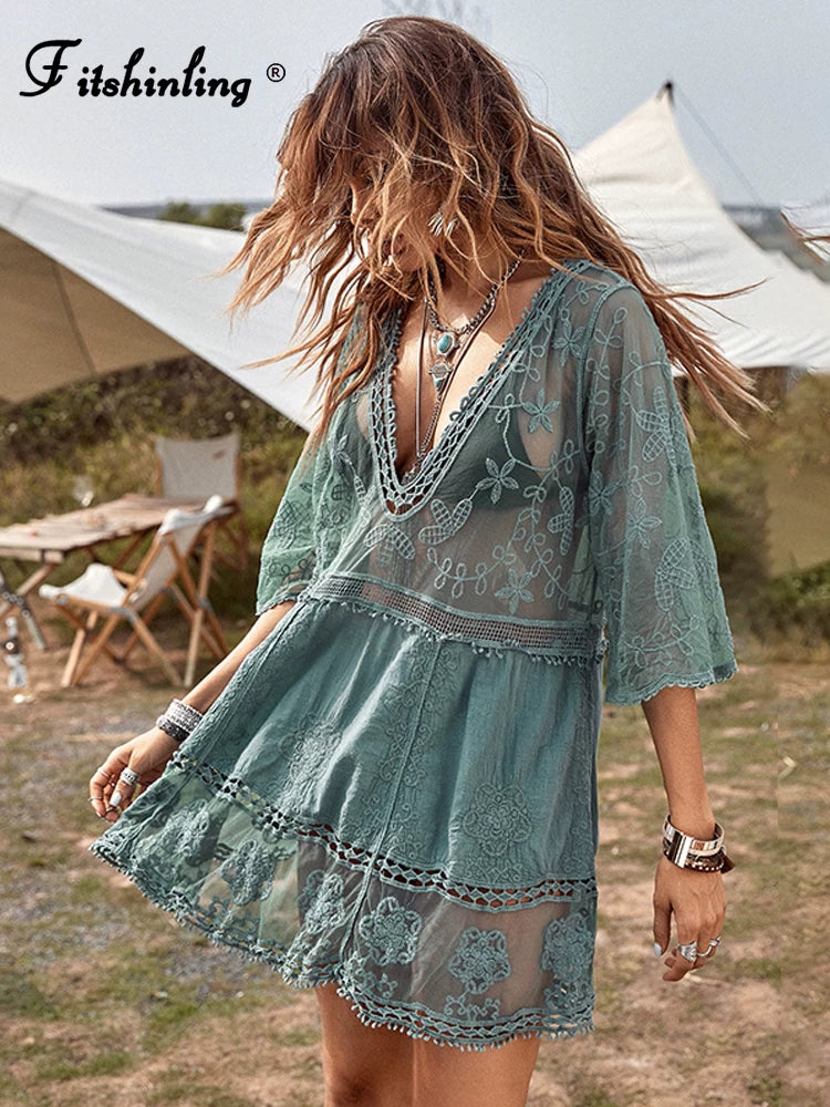 V-neck Transparent Lace Boho Cover-up